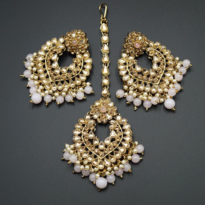 Lara Gold Kundan/Baby Pink Beads Necklace Set - Antique Gold | Indian ...