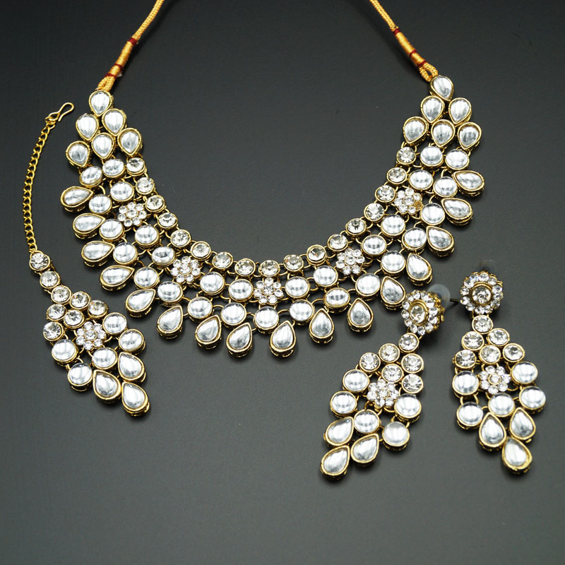 Kanval White Diamante Choker Necklace Set - Gold | Indian Jewellery ...