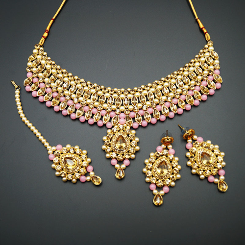 Kari - Gold Diamante and Baby Pink Beads Choker Necklace Set - Gold