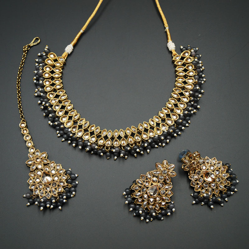  Mahika - Gold Polki Stone/Grey Beads Necklace set - Antique Gold