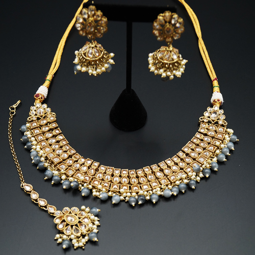 Jash Gold Polki Stone/Grey Bead Necklace set - Antique Gold