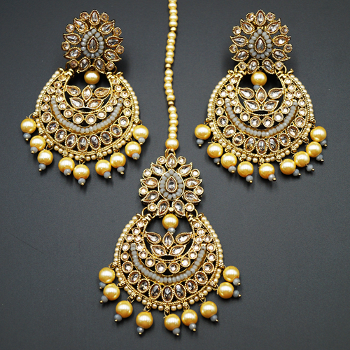 Rupee- Gold Polki/Grey Beads and Pearl Earring Tikka Set - Antique Gold
