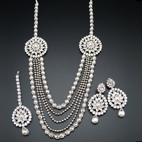 Jagvi White Kundan and Diamante Rani Haar Set - Silver | Indian ...