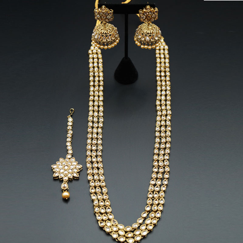 Yash- Long Polki Necklace Set - Antique Gold
