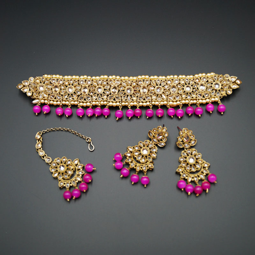 Yamha-  Gold Polki Stone/Hot Pink Beads Choker Set - Antique Gold