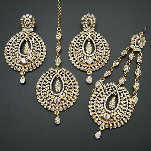 Kyra White Diamante Earring Tikka and Passa/Jhoomer Set - Gold