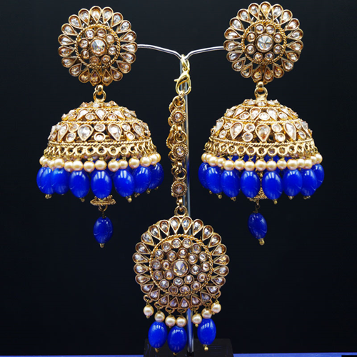 Ekana- Gold Polki Stone/Royal Blue Beads Jhumka Tikka Set - Antique Gold