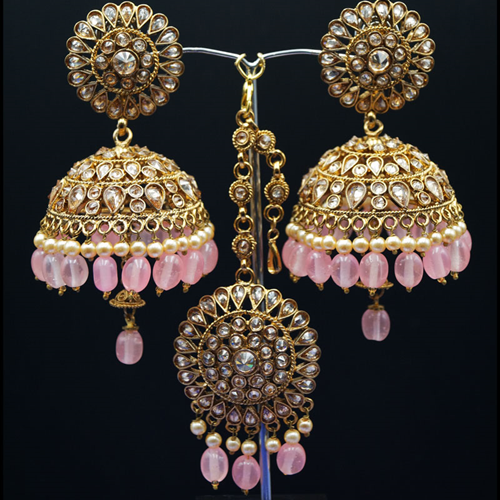 Ekana- Gold Polki Stone/ Light Pink Beads Jhumka Tikka Set - Antique Gold