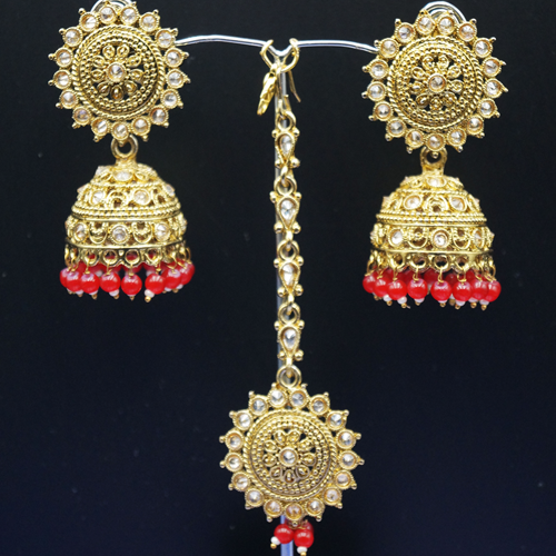 Dinar - Gold Polki /Red Beads Jhumka Tikka Set - Antique Gold