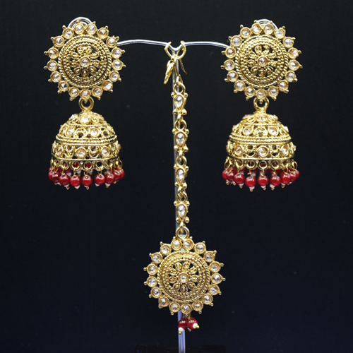 Dinar - Gold Polki /Maroon Beads Jhumka Tikka Set - Antique Gold