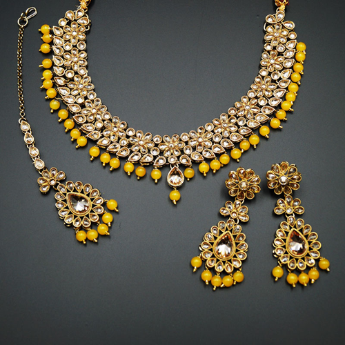 Gina-Gold Polki Stone/Yellow Bead Necklace set - Antique  Gold
