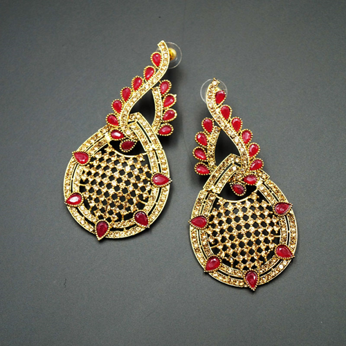 Bazz -Red Kundan / Gold Diamante Earrings - Gold