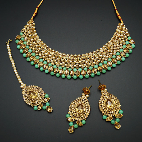 Komal Gold Diamante and Pista Choker Necklace Set - Gold