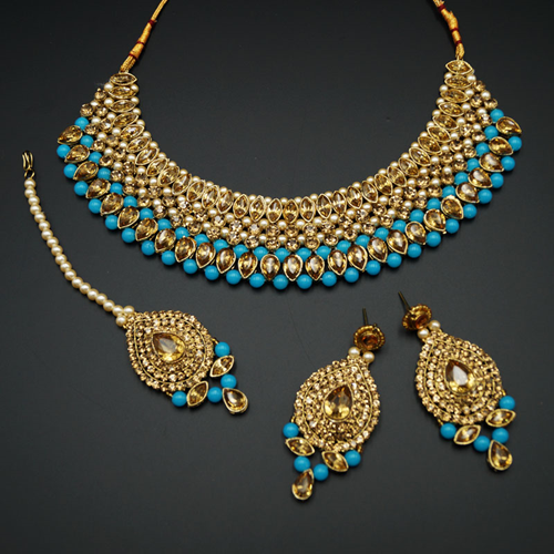 Komal Gold Diamante and Turquoise Beadsl Choker Necklace Set - Gold