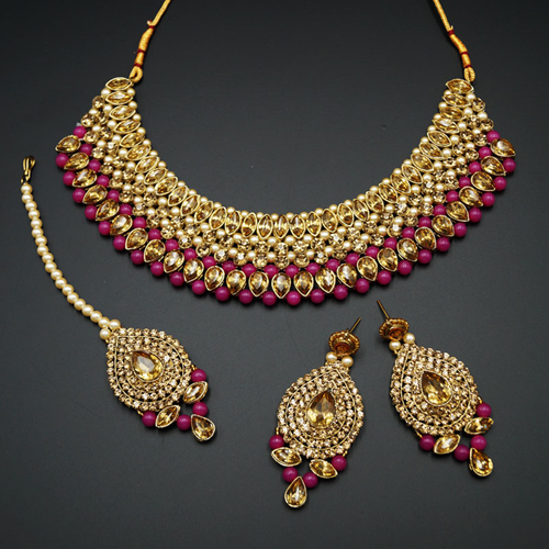 Komal Gold Diamante and Hot Pink  Choker Necklace Set - Gold