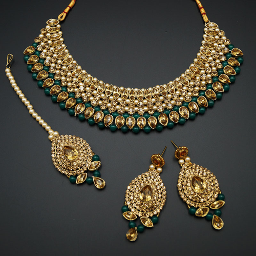 Komal Gold Diamante and Green Beads Choker Necklace Set - Gold