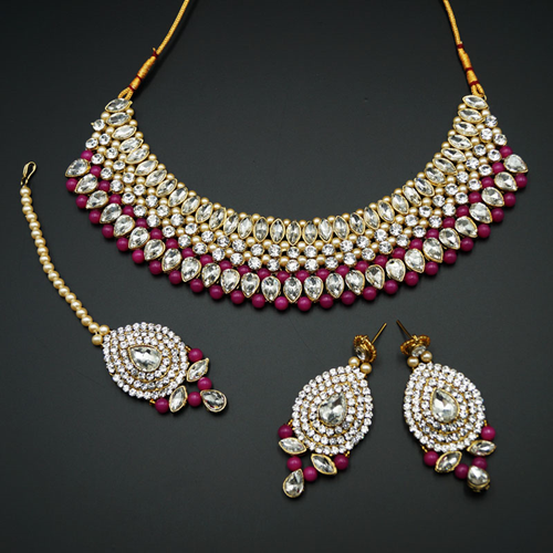 Komal White Diamante/Ruby Beads Choker Necklace Set - Gold