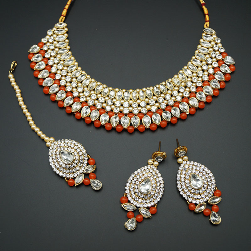 Komal White Diamante/Orange Beads Choker Necklace Set - Gold