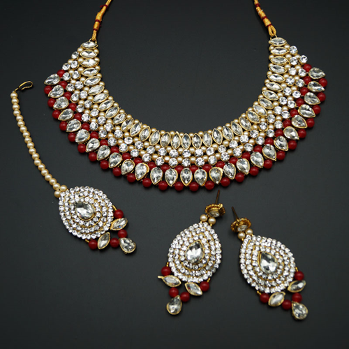 Komal White Diamante/Red Beads Choker Necklace Set - Gold