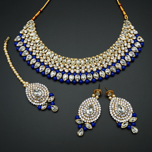Komal White Diamante/Royal Blue Beads Choker Necklace Set - Gold