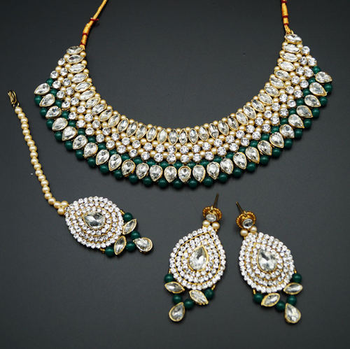 Komal White Diamante/Green Beads Choker Necklace Set - Gold