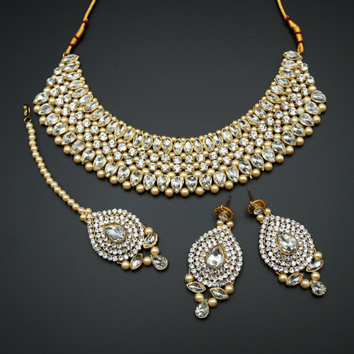 Komal White Diamante and Pearl Choker Necklace Set - Gold