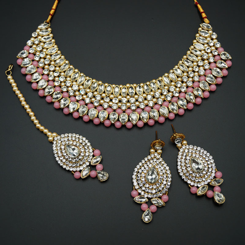 Komal White Diamante/Light Pink  Beads Choker Necklace Set - Gold
