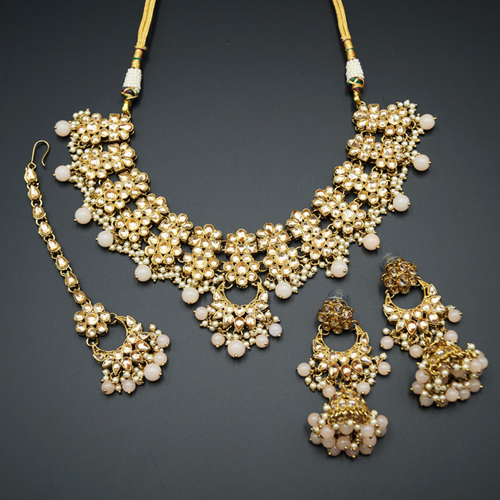 Jiwa Gold Kundan & Light Peach Beads Necklace Set - Antique Gold