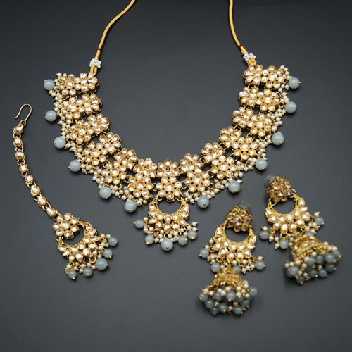 Jiwa Gold Kundan & Grey Beads Necklace Set - Antique Gold