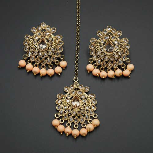 Surata-Peach /Gold Polki Stone Earring Tikka Set -Antique Gold