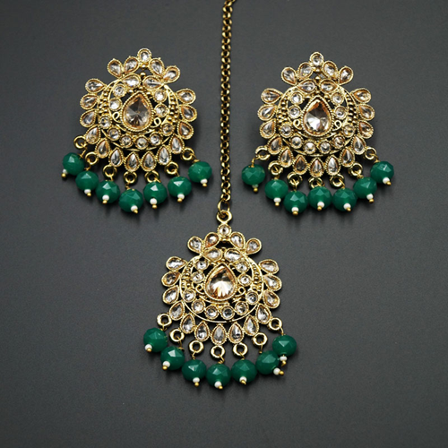 Surata- Green /Gold Polki Stone Earring Tikka Set -  Antique Gold