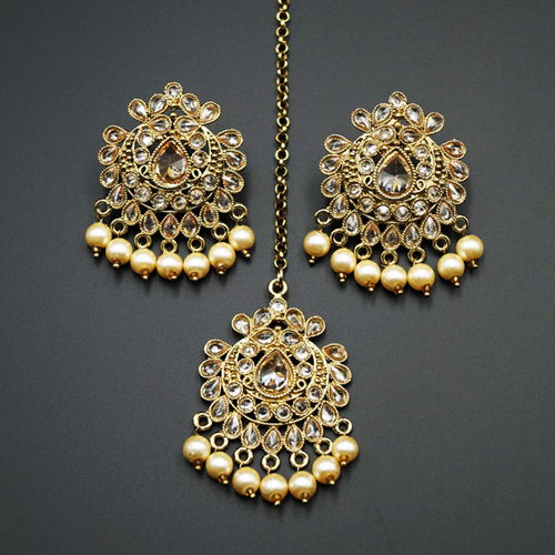 Surata-  Gold Polki Stone Earring  Tikka Set - Antique Gold