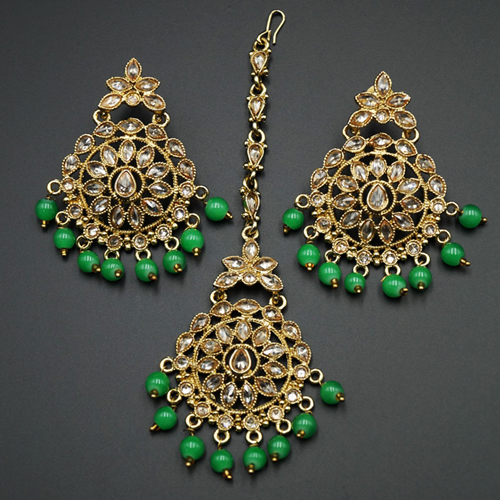 Prema - Green/Gold Polki Stone Earring Tikka Set -  Antique Gold