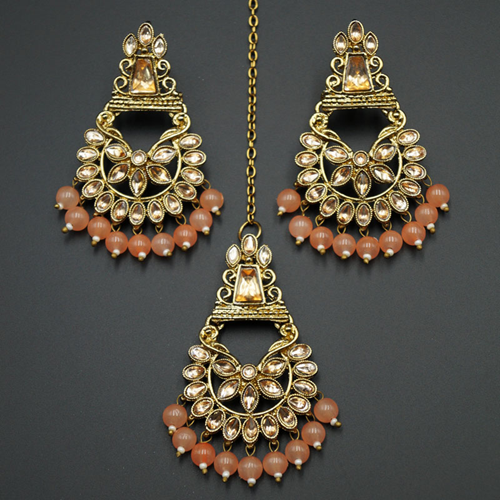 Kanta - Peach /Gold Kundan Stone Earring Tikka Set - Antique Gold
