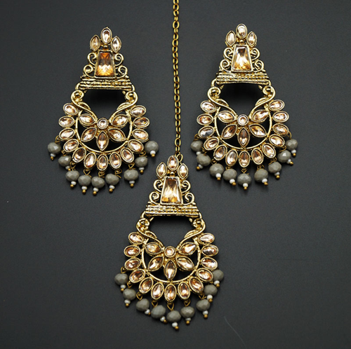 Kanta - Grey /Gold Kundan Stone Earring Tikka Set - AntiqueGold