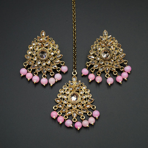 Elora- Baby Pink /Gold Polki Stone Earring Tikka Set - Antique Gold