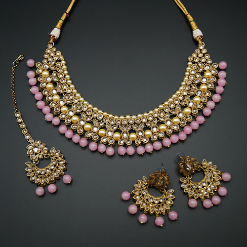 Neima -Gold Polki Stone/Baby Pink Beads Necklace set - Antique Gold