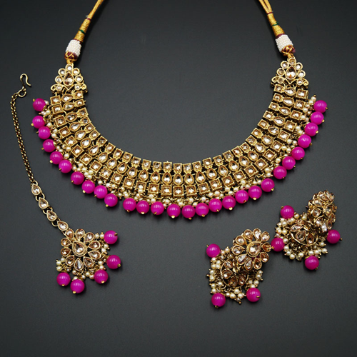Jash Gold Polki Stone/Hot Pink Bead Necklace set - Antique Gold