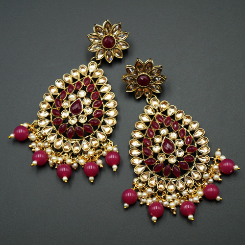 Tarla - Gold Kundan / Dark Pink Bead Earrings -Antique Gold