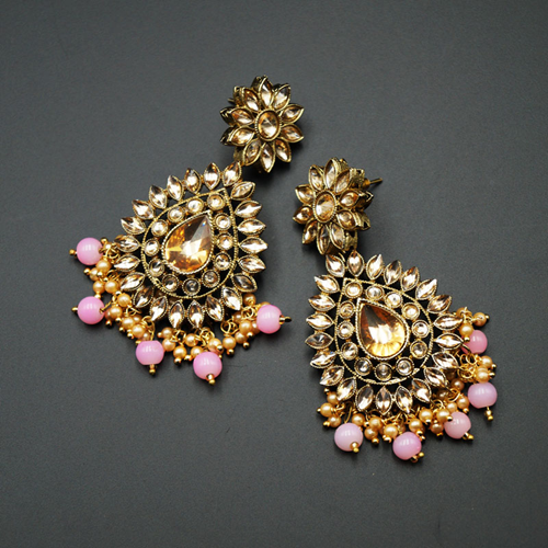 Maia - Gold Kundan & Light Pink Bead Earrings - Antique Gold