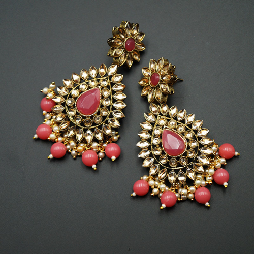 Maia - Gold Kundan & Coral Bead Earrings - Antique Gold