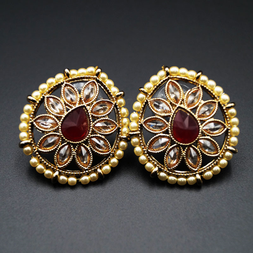 Nima-  Maroon/Gold Polki Stone Earrings - AntiqueGold