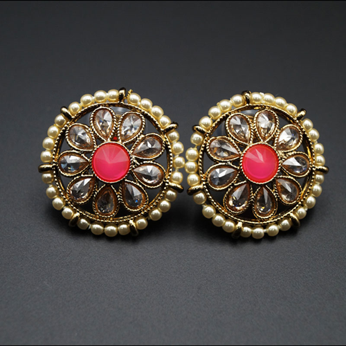 Lajni - Pink/Gold Polki Stone Earrings - AntiqueGold