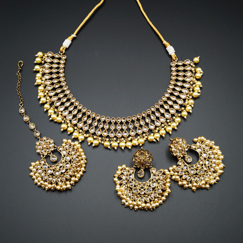 Nita- Gold Polki Stone Necklace Set with Pearls- Antique Gold