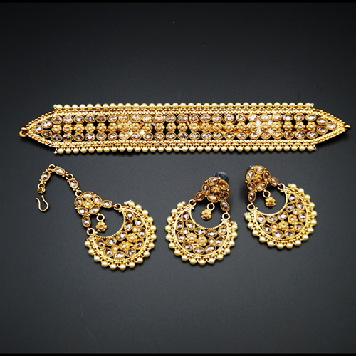 Banita- Gold Polki Stone Choker Necklace Set with Pearls- Antique Gold