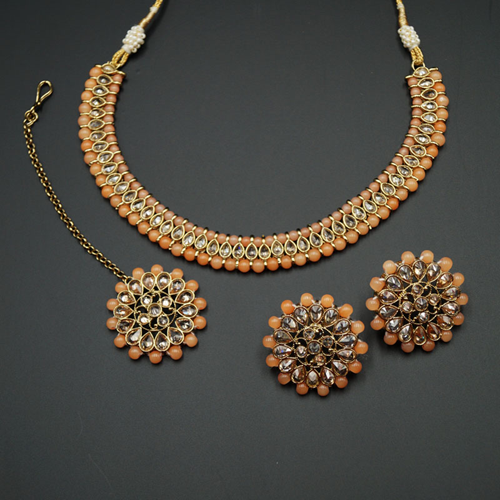 Sanya-Gold Polki Stone/Peach Bead Necklace set - Antique Gold