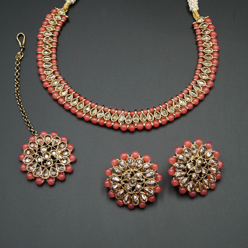 Sanya-Gold Polki Stone/Coral Bead Necklace set - Antique Gold