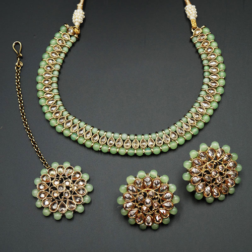Sanya-Gold Polki Stone/Mint Beads Necklace set - Antique Gold