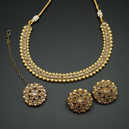 Udip - Gold Polki Stone /Pearls Necklace- Antique Gold