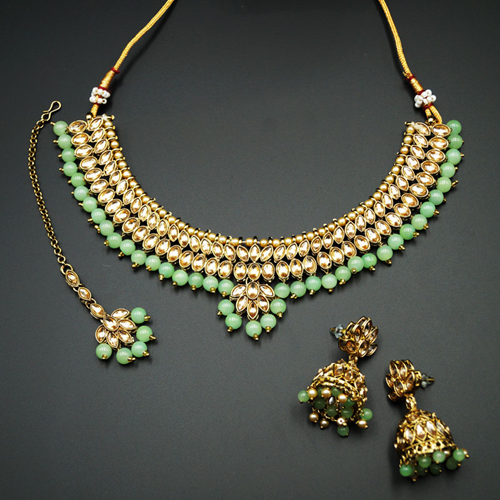 Lius- Gold Kundan & Mint Beads Necklace Set - Antique Gold